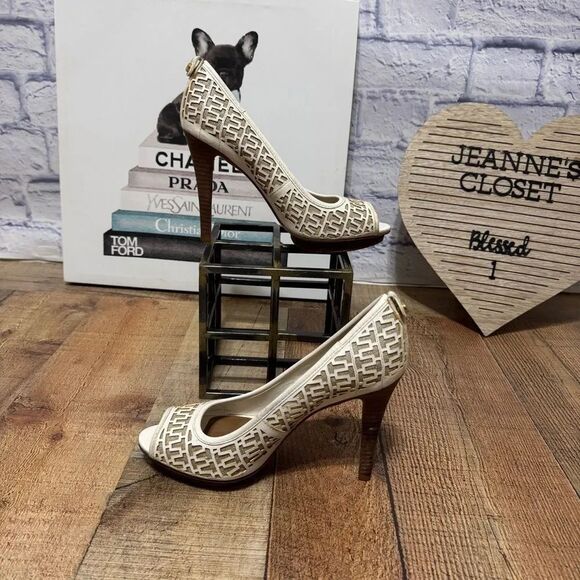 Tory Burch Shoes - TORY BURCH Regan Leather/ Linen Peep-Toe Cut-out High Heel Pumps 8.5M